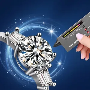 Three-stone S925 silver moissanite ring with baguette side stones and brilliant fire