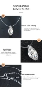 Gros plan du pendentif en moissanite taille marquise avec serti argent et fil invisible