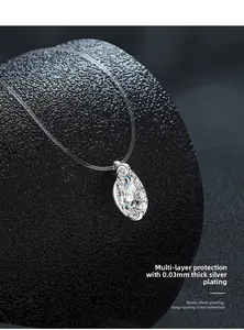Detailed macro view of S925 sterling silver pear-shaped pendant with invisible fishing line