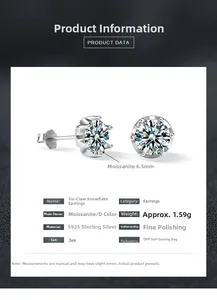 Detailed specifications of S925 sterling silver 6.5mm D color moissanite stud earrings
