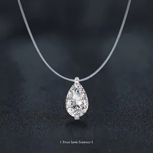 S925 Sterling Silver Moissanite Mermaid Tears Water Drop Pendant Necklace Transparent Invisible Fishing Line Chain For Women