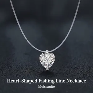 925 Sterling Zilveren Hart Moissaniet Hanger Onzichtbare Vislijn Halsketting Minimalistische Transparante Sleutelbeenketting Voor Vrouwen
