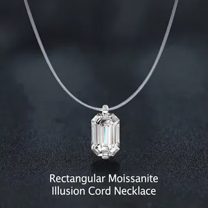 Collier Pendentif Moissanite Taille Émeraude en Argent Sterling 925 Avec Certificat GRA pour Femme Chaîne de Clavicule en Fil Transparent Invisible Bijoux