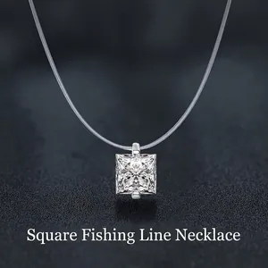 Collier en Argent Sterling 925 Moissanite Pendentif Carré Taille Princesse Ligne de Pêche Invisible Chaîne Flottante Bijoux Avec Certificat GRA