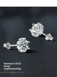 Detailed macro view of S925 sterling silver earrings with classic crown six-prong setting