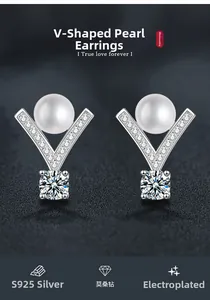 Close-up of S925 silver V-shape stud earrings with Moissanite stones and fresh water pearl