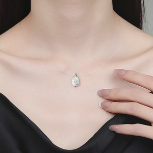 Elegant S925 silver teardrop moissanite pendant on invisible transparent fish line necklace