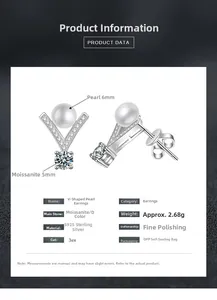 Detail view of V-shaped S925 silver earrings with 6mm pearl and 5mm moissanite