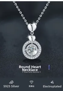 Macro shot of S925 silver heart necklace with moissanite pendant on textured background