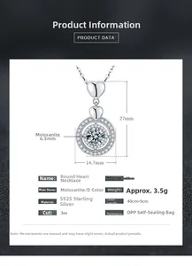 Detailed spec sheet showing S925 silver heart necklace with 6.5mm Moissanite pendant dimensions