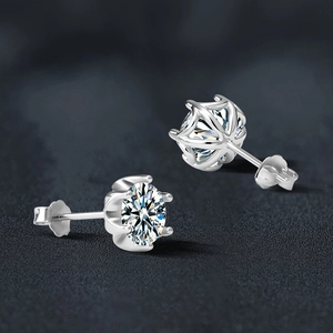 S925 sterling silver six-prong moissanite stud earrings with round brilliant cut stones