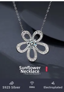 Vue macro du pendentif tournesol en argent S925 avec moissanite et pavage de diamants