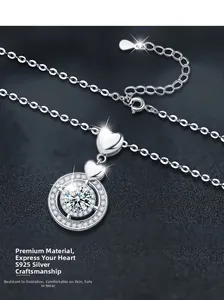 Close-up of S925 sterling silver heart necklace with sparkling moissanite pendant