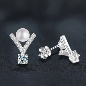 S925 sterling silver V-shape pearl earrings with moissanite accents and luxury finish