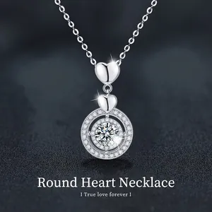 925 Sterling Silver Moissanite Pendant Necklace For Women Elegant Heart Round Double Halo Moissanite Necklace Fine Jewelry Gift With GRA Certificate
