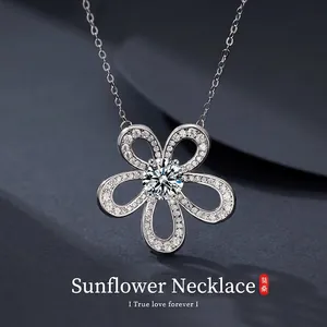 Collier Pendentif Tournesol en Argent Sterling S925 Moissanite Avec Certificat GRA pour Femmes Incrustation de Pavé en Forme de Fleur Bijoux
