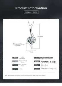 Details der S925 Silberkette mit 6.5mm D Moissanit und genauen Abmessungen