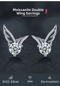 Detailed view of S925 sterling silver moissanite earrings with angel wing design