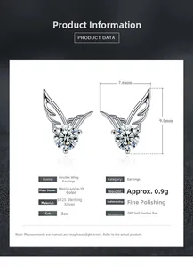 Detailed specs of S925 silver angel wing earrings with 7.6x9.5mm dimensions and D color moissanite