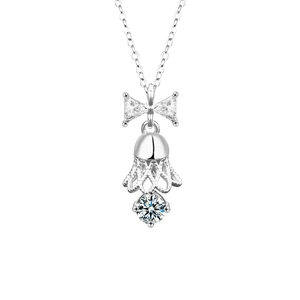 S925 sterling silver moissanite bell necklace with bow pendant on white background