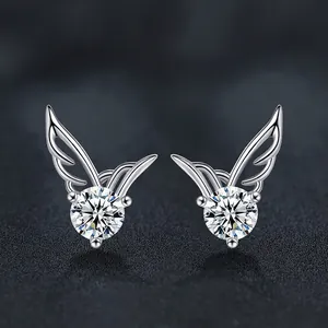 925 Sterling Silver Moissanite Angel Wing Stud Earrings For Women Elegant Fashion Wing Jewelry Silver Gold Plated Earrings