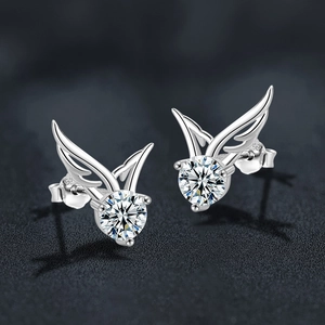 Elegant S925 sterling silver angel wing stud earrings with sparkling round moissanite