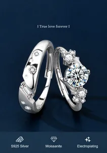 Detail of S925 sterling silver moissanite couple rings with four-prong setting