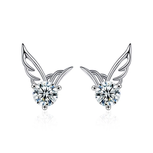 S925 sterling silver angel wing stud earrings with round moissanite in three-prong setting