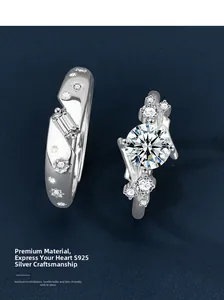 Detail view of S925 silver couple rings with rectangular and round moissanite stones