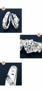 Detail of six-prong moissanite setting and polished silver band with brilliant fire