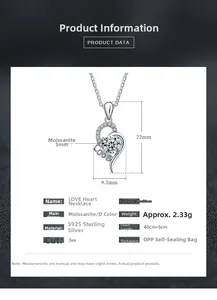 Detailed view of S925 silver love heart pendant showing dimensions 22mm x 9.2mm