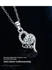 Macro detail of S925 sterling silver love heart pendant with brilliant moissanite stone