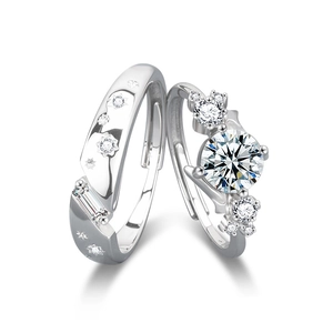 Minimalist S925 sterling silver moissanite couple rings set with starry sky engraving
