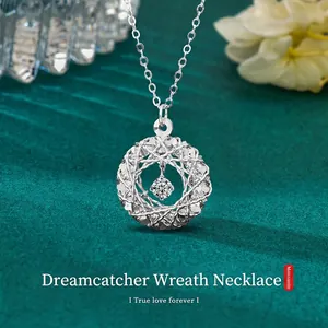 S925 Sterling Silver Dreamcatcher Garland Pendant Necklace With Round Moissanite Elegant Dainty Chain Jewelry For Women