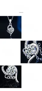 Macro shot of S925 silver love heart pendant featuring a moissanite stone and engraving