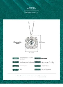 Detailed product dimensions for S925 sterling silver square dreamcatcher moissanite necklace