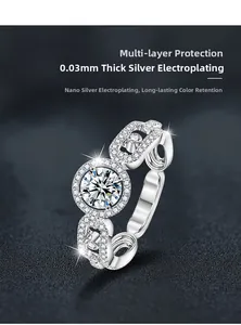 Macro detail of S925 silver moissanite ring with hollow chain band and nano plating