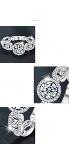 Macro detail of moissanite ring showing 925 silver halo setting and pavé side stones