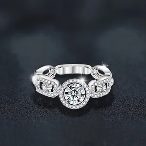 925 Sterling Silver Moissanite Ring For Women Round Halo Setting Pave Chain Link Band Light Luxury Jewelry Engagement Ring