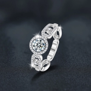 Elegant S925 sterling silver moissanite ring with hollow chain band and halo setting