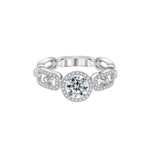 Moissanite S925 sterling silver halo ring featuring a unique interlocking chain band design
