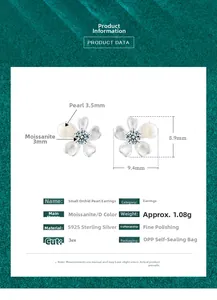 Détails des boucles d'oreilles orchidée en argent S925 avec moissanite et perle