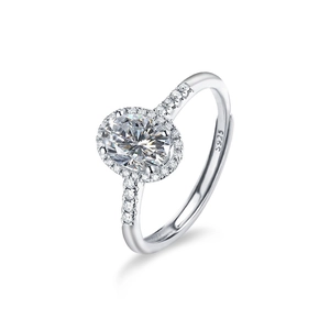 Bague ajustable en argent 925 avec moissanite ovale et entourage de diamants