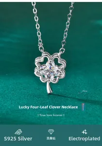 Detailed view of S925 sterling silver four-leaf clover pendant with moissanite stone