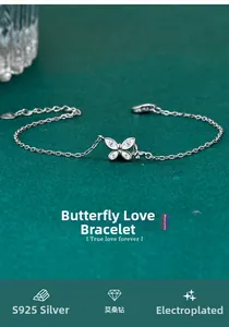 Macro detail of S925 sterling silver butterfly bracelet with sparkling moissanite stones