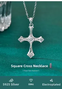 Macro shot of S925 sterling silver cross pendant with square moissanite on green velvet