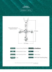 Detailed view of S925 silver cross pendant with princess cut moissanite and dimensions