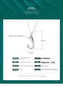 Detail of S925 silver J-shaped pendant with moissanite stones and product specifications