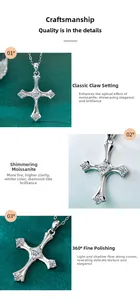 Detailed macro view of Moissanite cross pendant with silver chain and prong setting
