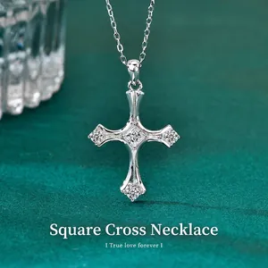 925 Sterling Silver Moissanite Cross Pendant Necklace For Women Princess Cut Square Stone Luxury Fashion Jewelry Gift